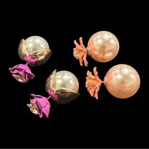 Set Of 2 Double-Sided Earrings With Faux Pearls Floral Accents & Rhinestones Pin